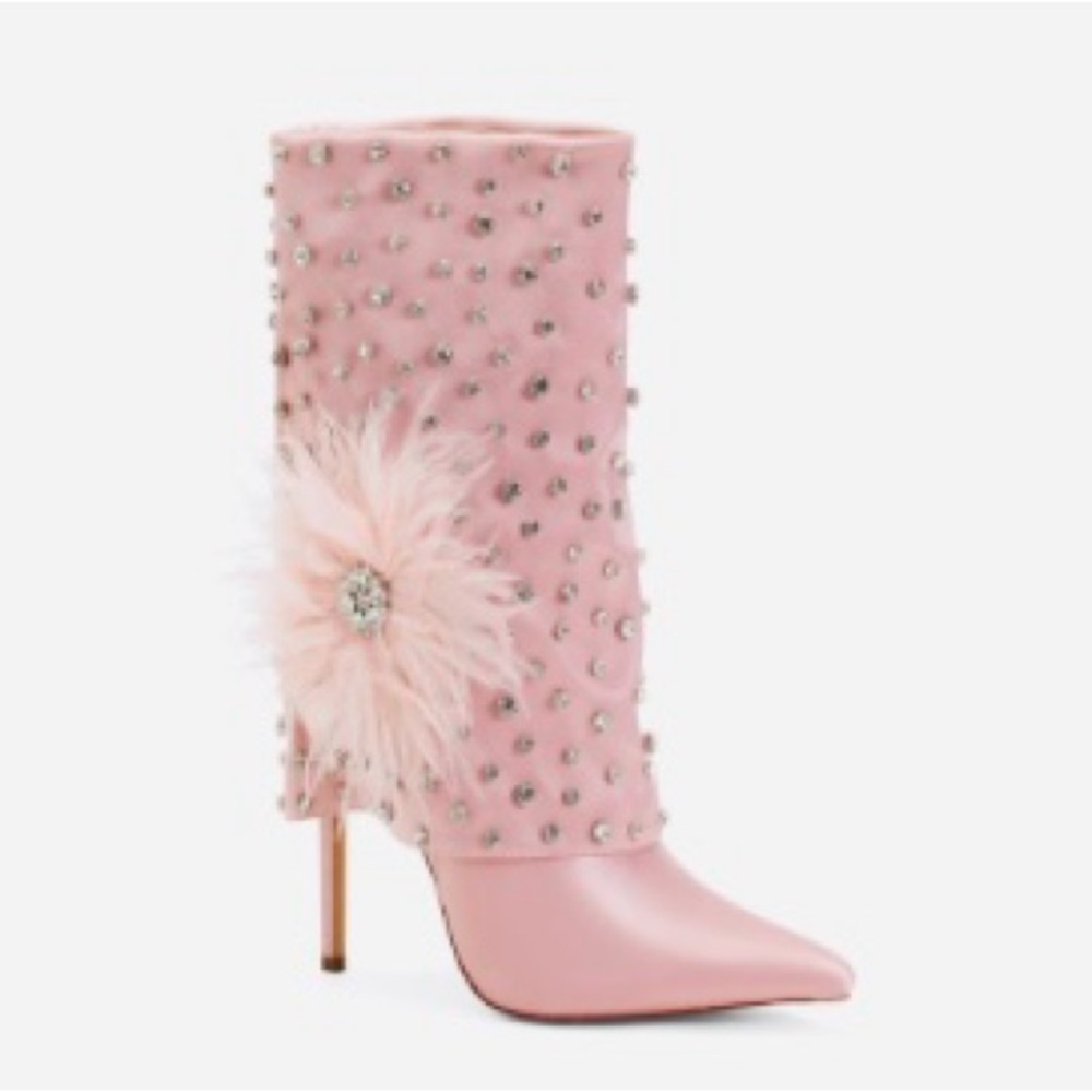 New - Women’s AZALEA WANG Blaise Pink Diamond Studded Boot With Flower